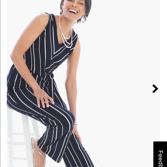 SOLD Chico’s Collection Blue & White Vertical Stripe Belted Jumpsuit Sleeveless - Picture 3 of 14